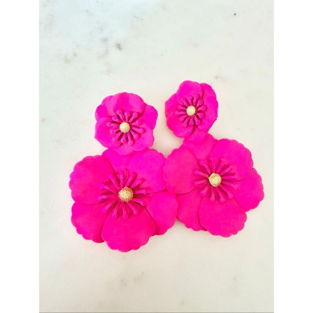Hot Pink Floral Drop Earrings Statement Flower Earrings Gold Center